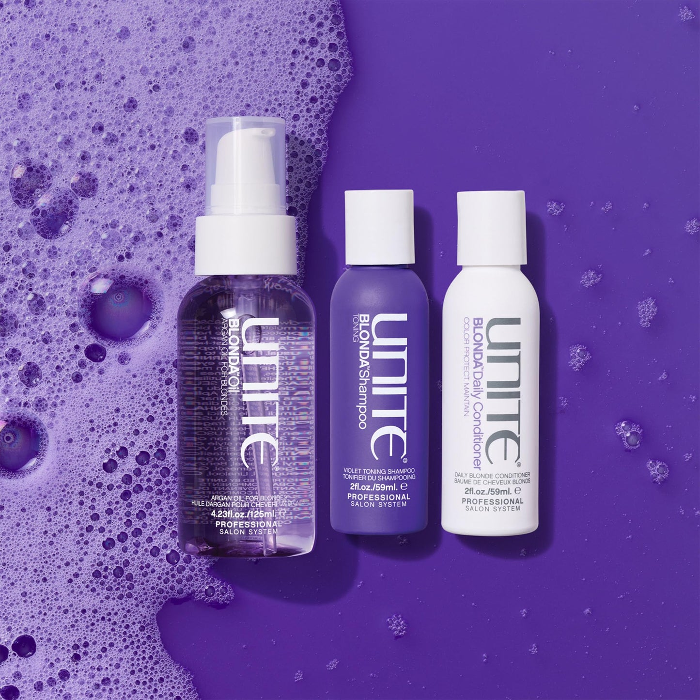 UNITE Hair - BLONDA Purple Shampoo, Conditioner & BLONDA Oil Set - Neutralizes Brassy & Yellow Tones for Blonde, Platinum, Silver, Bleached