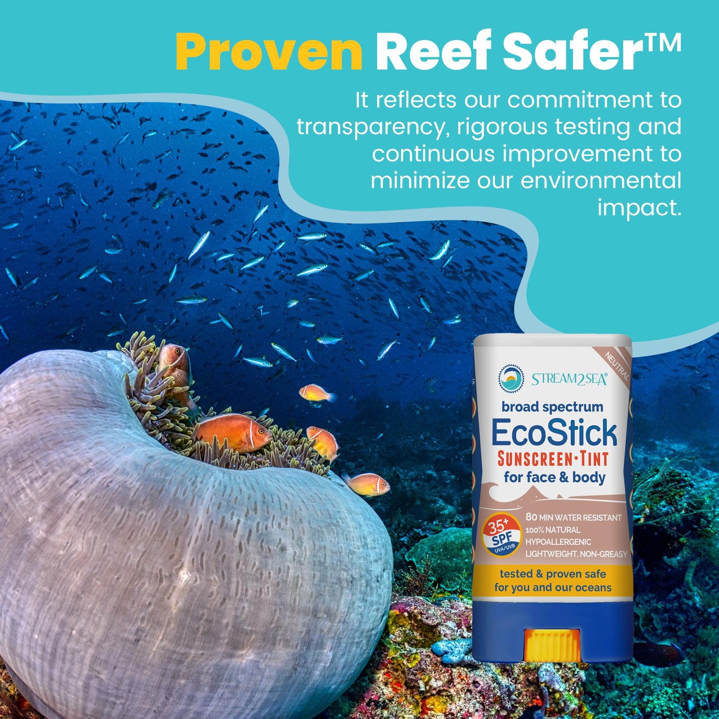 STREAM2SEA EcoStick SPF 35 Mineral Sunscreen Stick, Sweat Water Resistant Sunblock, USDA Approved Biodegradable Paraben Free Reef Safe Sunscreen