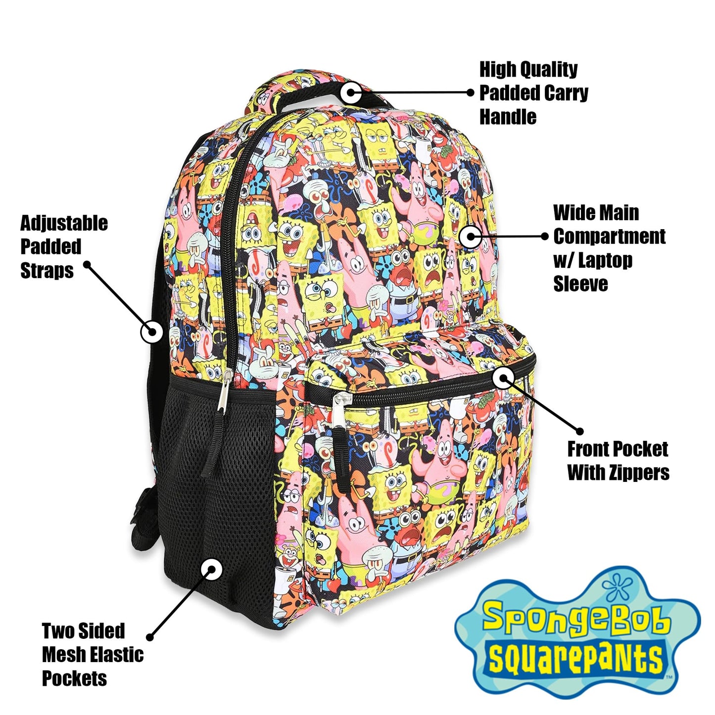 Nickelodeon SpongeBob Backpack for Kids - Officially Licensed SpongeBob SquarePants, Mr. Krabs, Squidward, Plankton Bookbag for Boys and Girls Kids and Adults - Laptop and Lunchbox Compartment