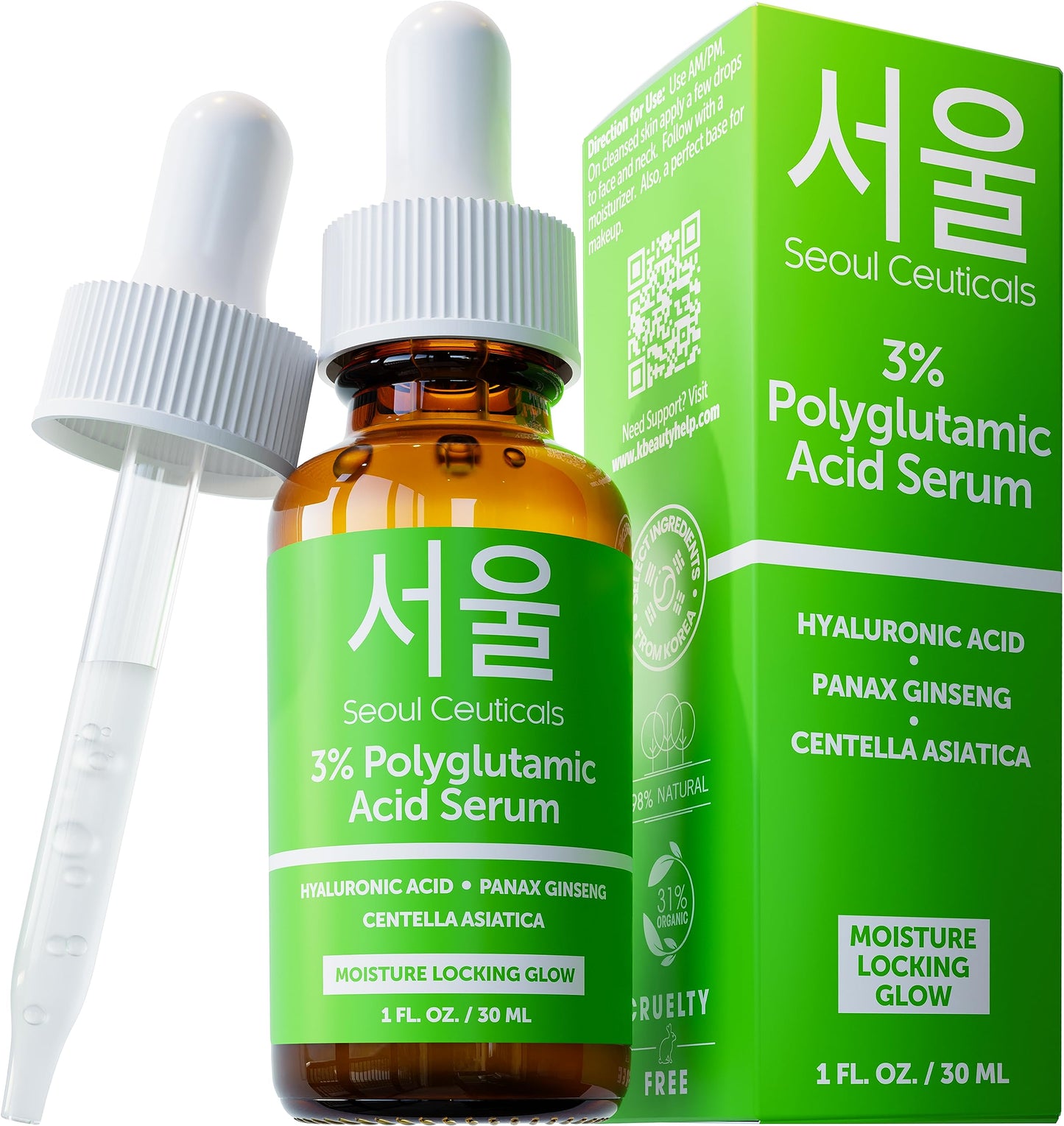 SeoulCeuticals Organic Polyglutamic Acid Serum - Korean Skin Care + Hyaluronic Acid + Centella Asiatica - K Beauty Anti Aging - Healthy Glowing Skin