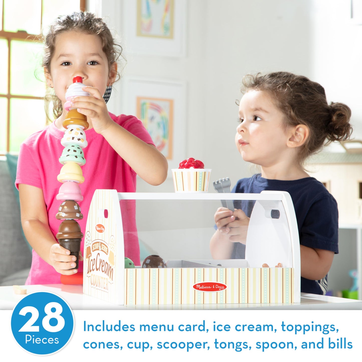 Melissa & Doug Wooden Scoop and Serve Ice Cream Counter (28 pcs) - Play Food and Accessories