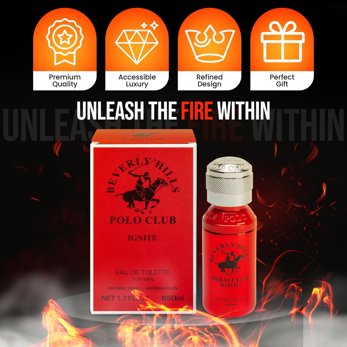 Beverly Hills Polo Club IGNITE Eau De Toilette for Men - Captivating Spicy Woody Fresh Scent Spray, 1.7 fl oz (50ml) Travel Size