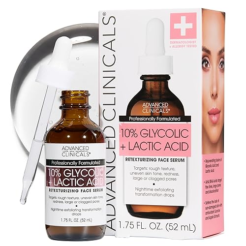 Advanced Clinicals Exfoliating 10% Glycolic Acid Serum For Face + Lactic Acid | Facial Exfoliant AHA + Salicylic Acid Serum To Improve Look Of Large