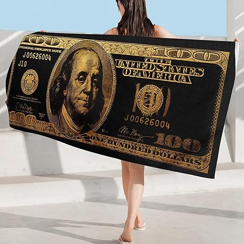 GUBIYU Black and Gold 100 Dollar Bill Beach Towels for Adults Funny Money Beach Towel for Mens Quick Dry Towel Oversize 31"x63" 270GSM…