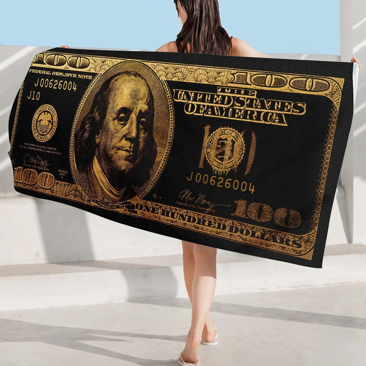 GUBIYU Black and Gold 100 Dollar Bill Beach Towels for Adults Funny Money Beach Towel for Mens Quick Dry Towel Oversize 31"x63" 270GSM…