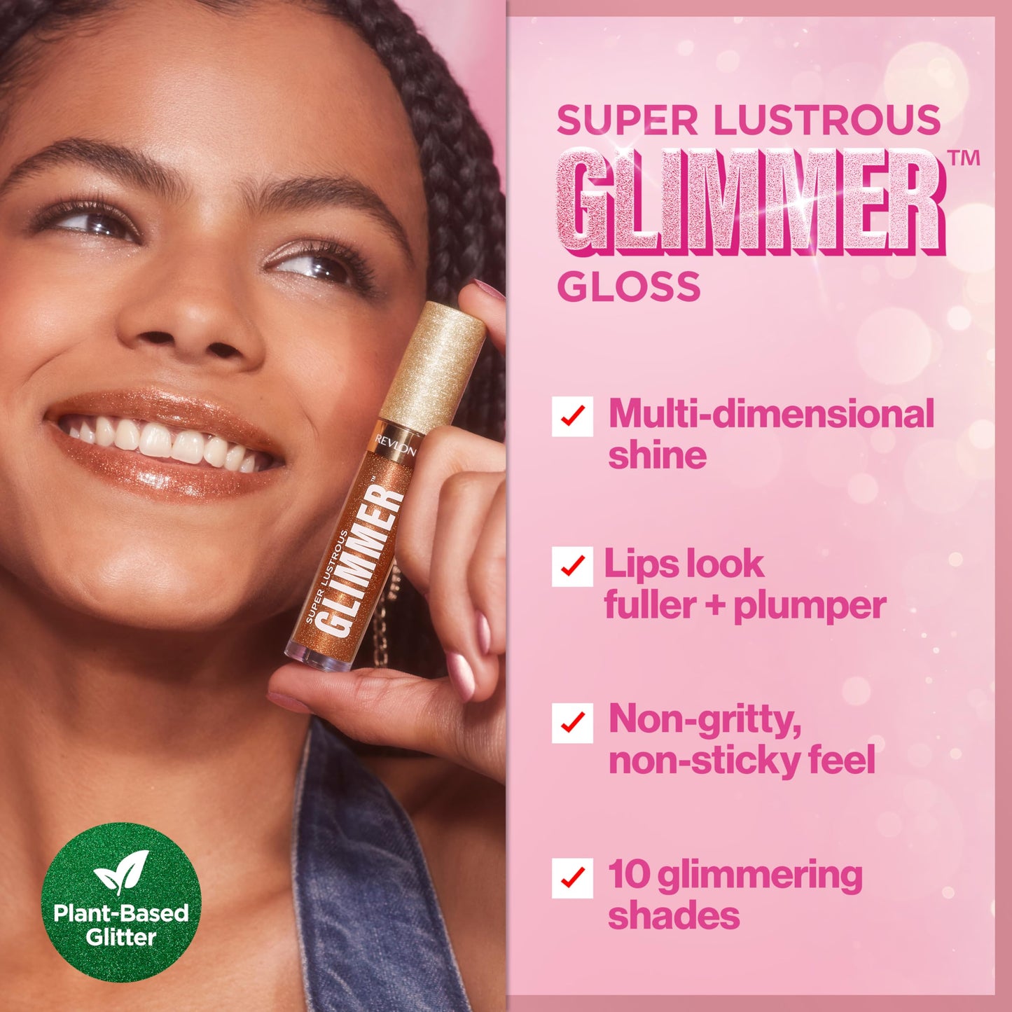 REVLON Super Lustrous Glimmer Gloss, Non-Sticky Lip Gloss, High-Shine Finish, Plant-Based Glitter, 005 Glazed Almond, 0.13 fl oz