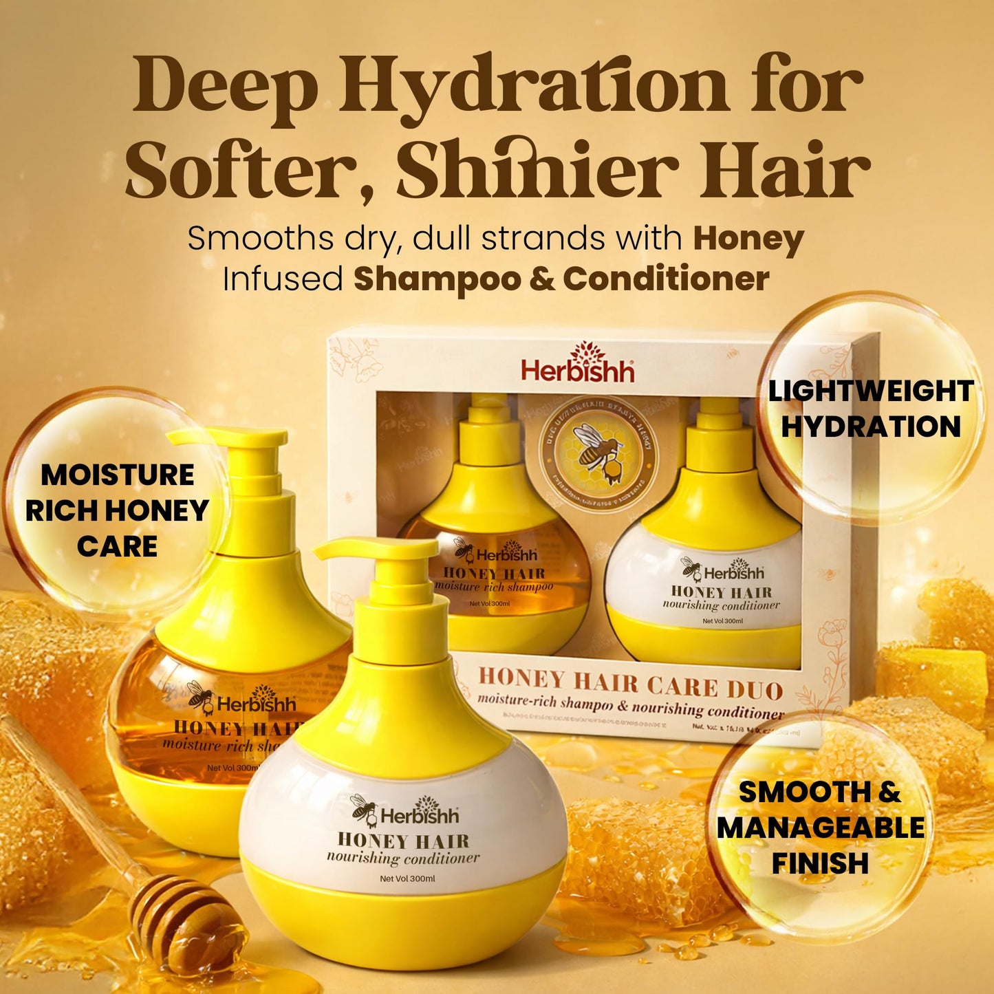 Herbishh Honey Shampoo & Conditioner Set (300 mL Each) Cleansing Shampoo for Buildup with Hydrating Conditioner for Dry & Damaged Hair, Shine