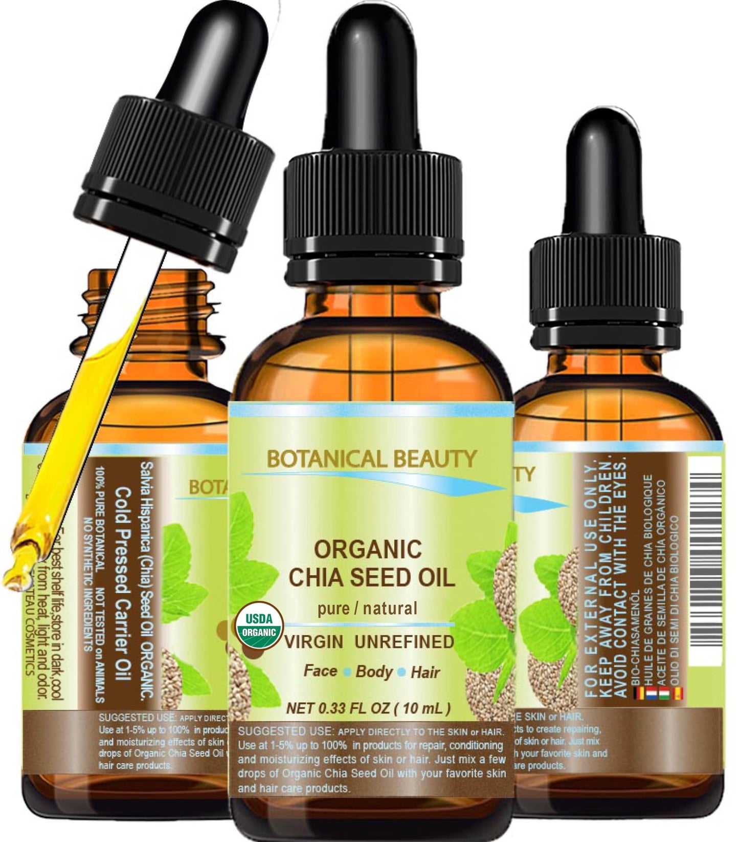 Botanical Beauty Organic CHIA SEED OIL 100% Pure Natural Virgin Unrefined Cold-Pressed Carrier Oil for Face, Skin, Body, Hair, Lip, Nails. Rich in