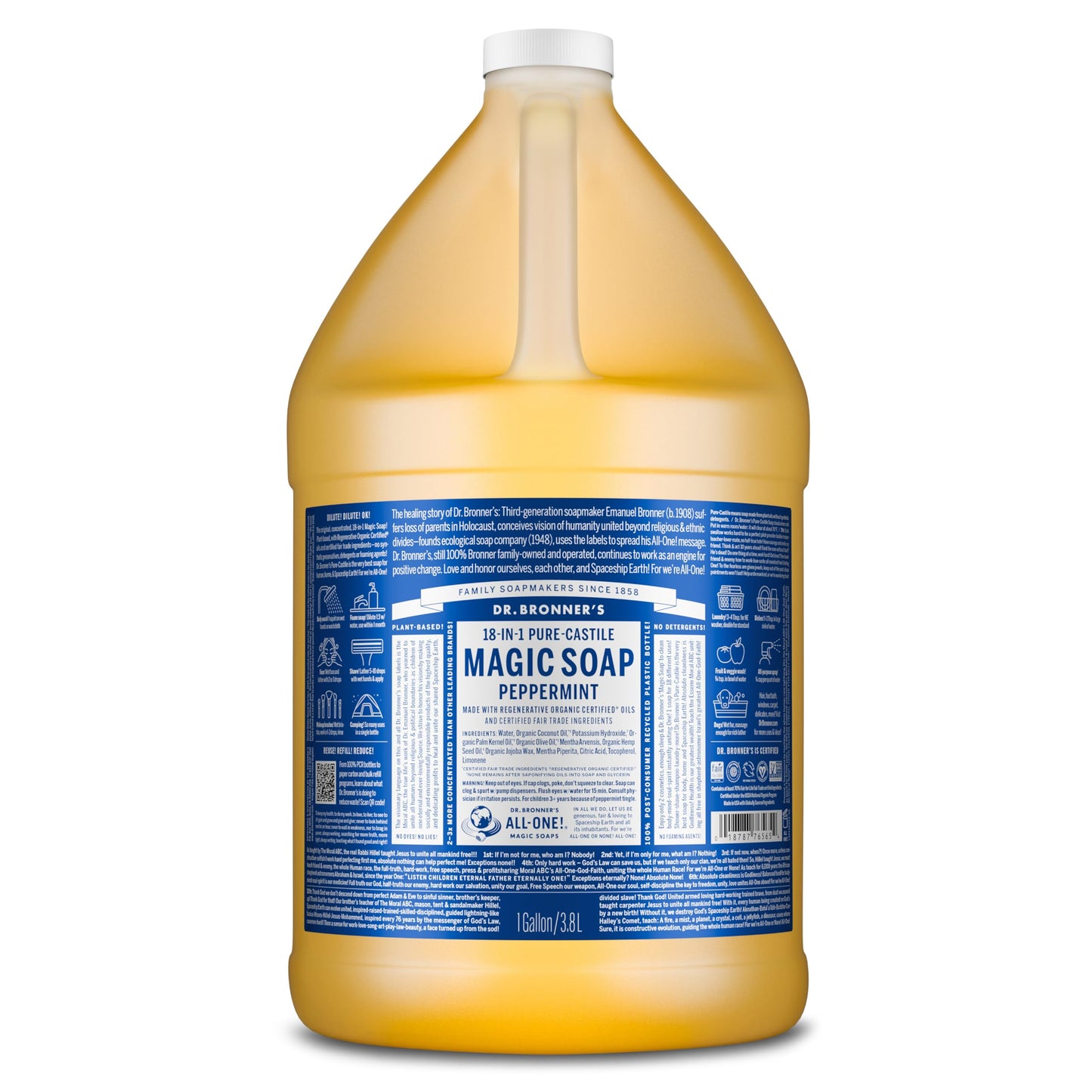 Dr. Bronner's Pure-Castile Magic Soap Liquid (Peppermint, 1 Gallon) - Made with Regenerative Organic Certified Oils - For Face, Hair, Laundry, Dishes