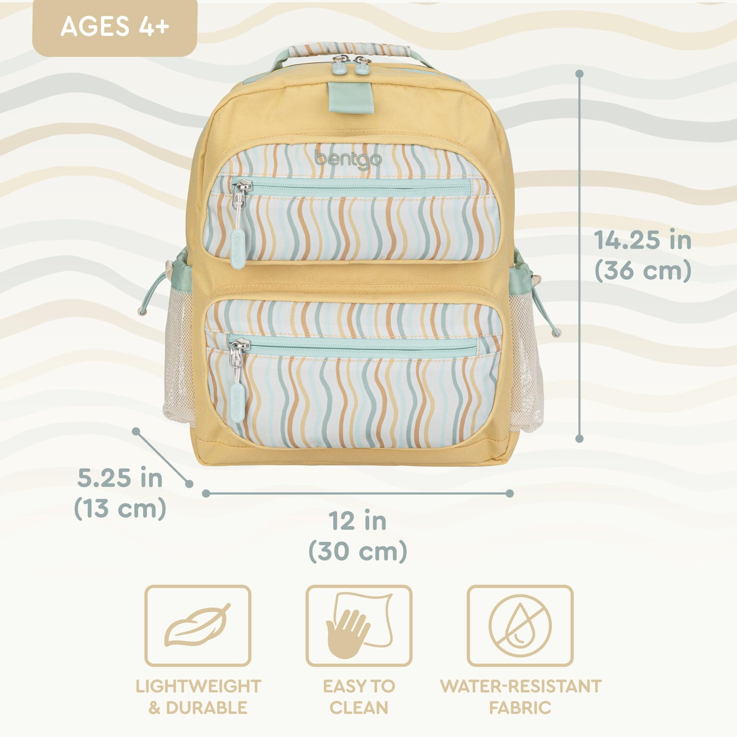 Bentgo Kids Backpack (Whimsy & Wonder Collection) - Lightweight 14’’ for School, Travel & Daycare - Ideal for Kids 4+, Durable & Water-Resistant, Roomy Interior, Loop for Lunch Bag (Wavy)
