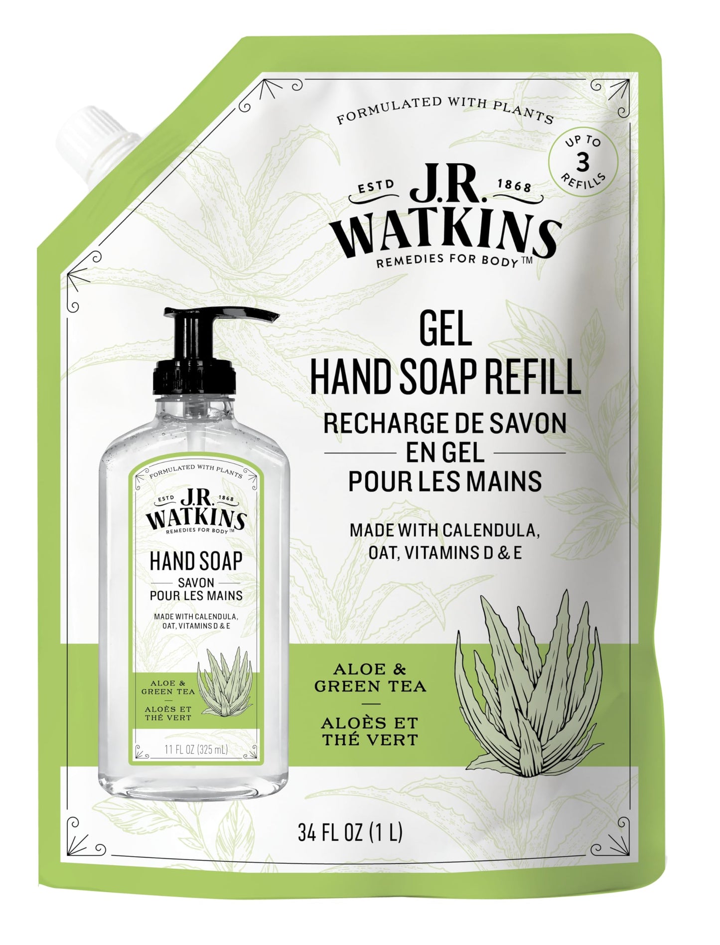 J.R. Watkins Hand Soap Refill, Aloe and Green Tea 34 fl Ounce