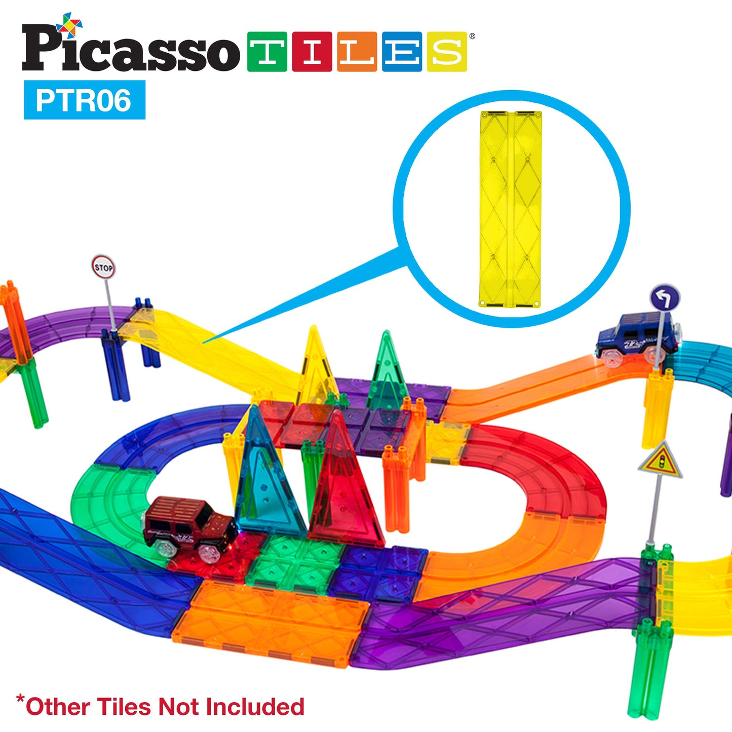 PicassoTiles 6pc Magnetic Race Track Ramp Set – STEM Magnet Tile Accessories for Kids Construction Playset, Educational Toy PTR06