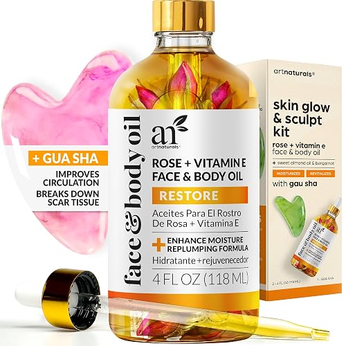 ArtNaturals Face & Body Vitamin E Bio Oil 4.0oz + Gua Sha Facial Tools Set - Organic Moisturizer Skincare for Scars, Stretch Mark, Cellulite & Nails