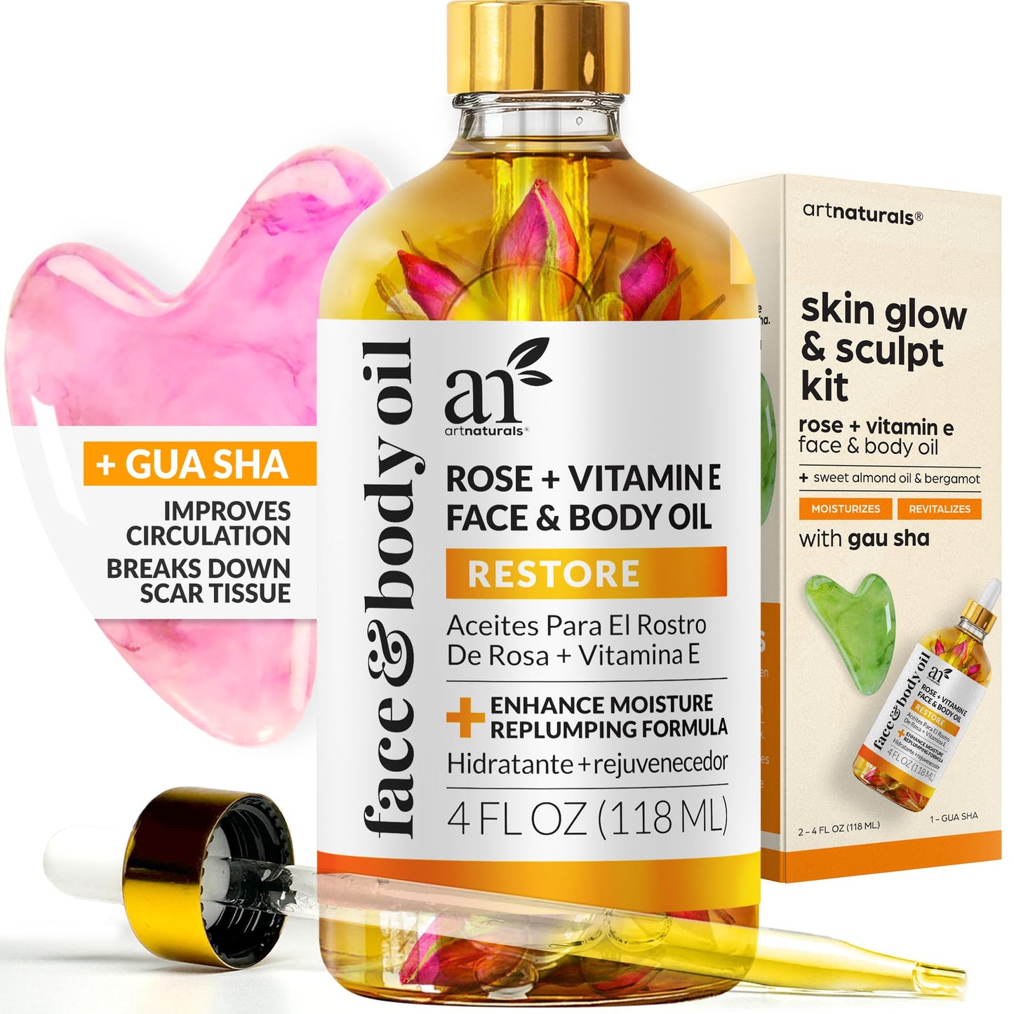 ArtNaturals Face & Body Vitamin E Bio Oil 4.0oz + Gua Sha Facial Tools Set - Organic Moisturizer Skincare for Scars, Stretch Mark, Cellulite & Nails