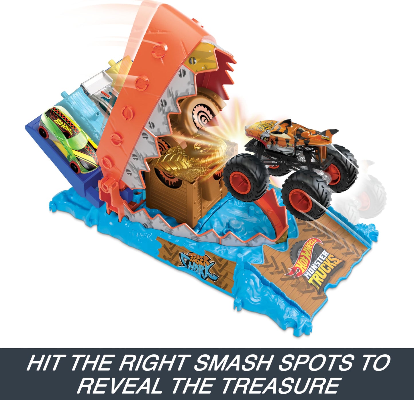Hot Wheels Monster Trucks Arena Smashers Treasure Chomp Challenge Playset with 1:64 Scale Tiger Shark Toy Monster Truck & 1 Crushed Car