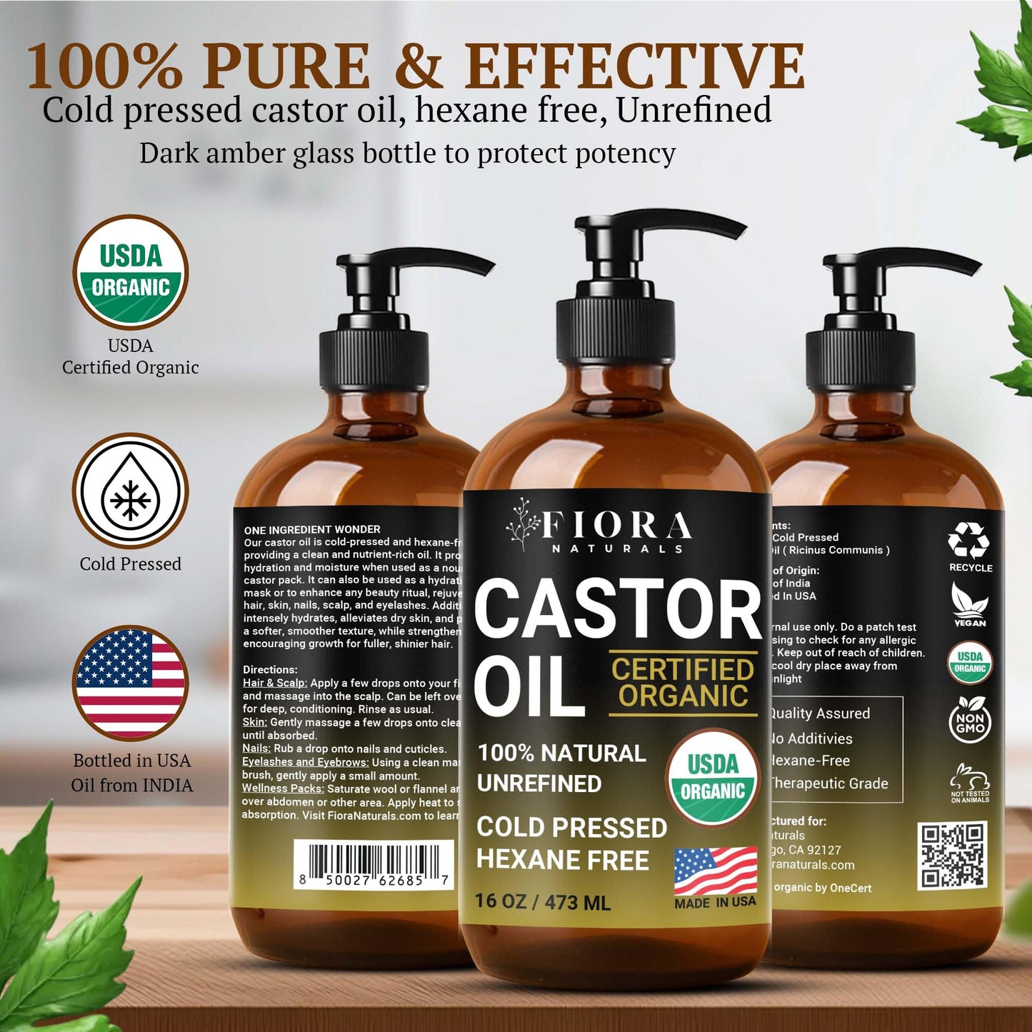 Organic Castor Oil in Glass Bottle - 16 Oz Cold Pressed & Hexane-Free - USDA Certified - Hair Growth Oil For Lashes, Brows, Skin & Scalp - with Pump