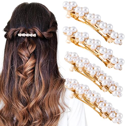 OIIKI Pearl Rhinestone Hair Snap Clips - Elegant Barrettes with Pins for Women, Girls, Brides, Parties, Wedding, Daily Use - Gold