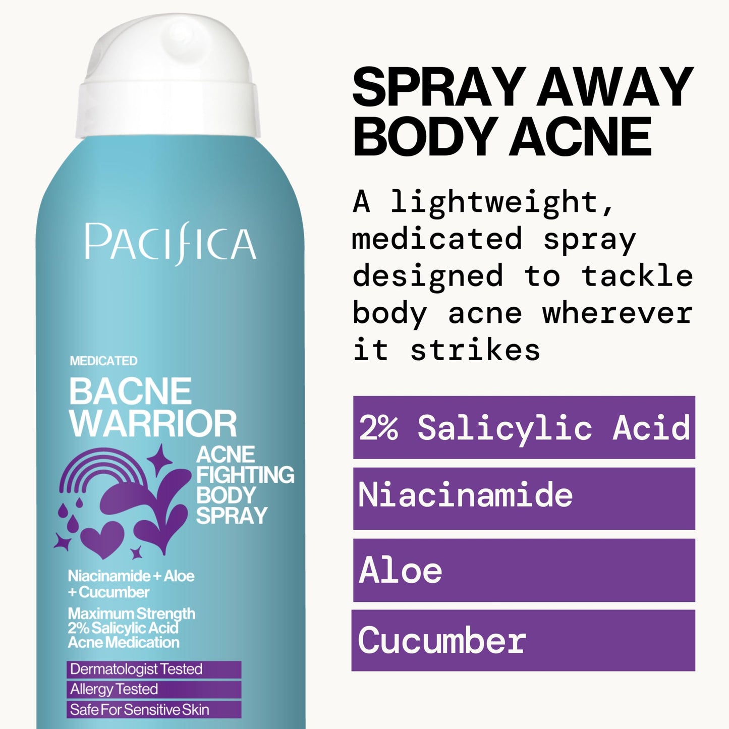 Pacifica Bacne Warrior Acne Spray – 2% Salicylic Acid, Niacinamide & Aloe – Body, Chest & Back Acne Treatment for Teens & Adults, Vegan