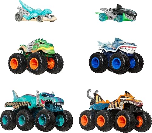 Hot Wheels Toy Cars & Monster Trucks, Sharks vs. Dinos Multipack with 2 Big Rigs, 2 1:64 Scale Monster Trucks & 2 1:64 Scale Hot Wheels Vehicles
