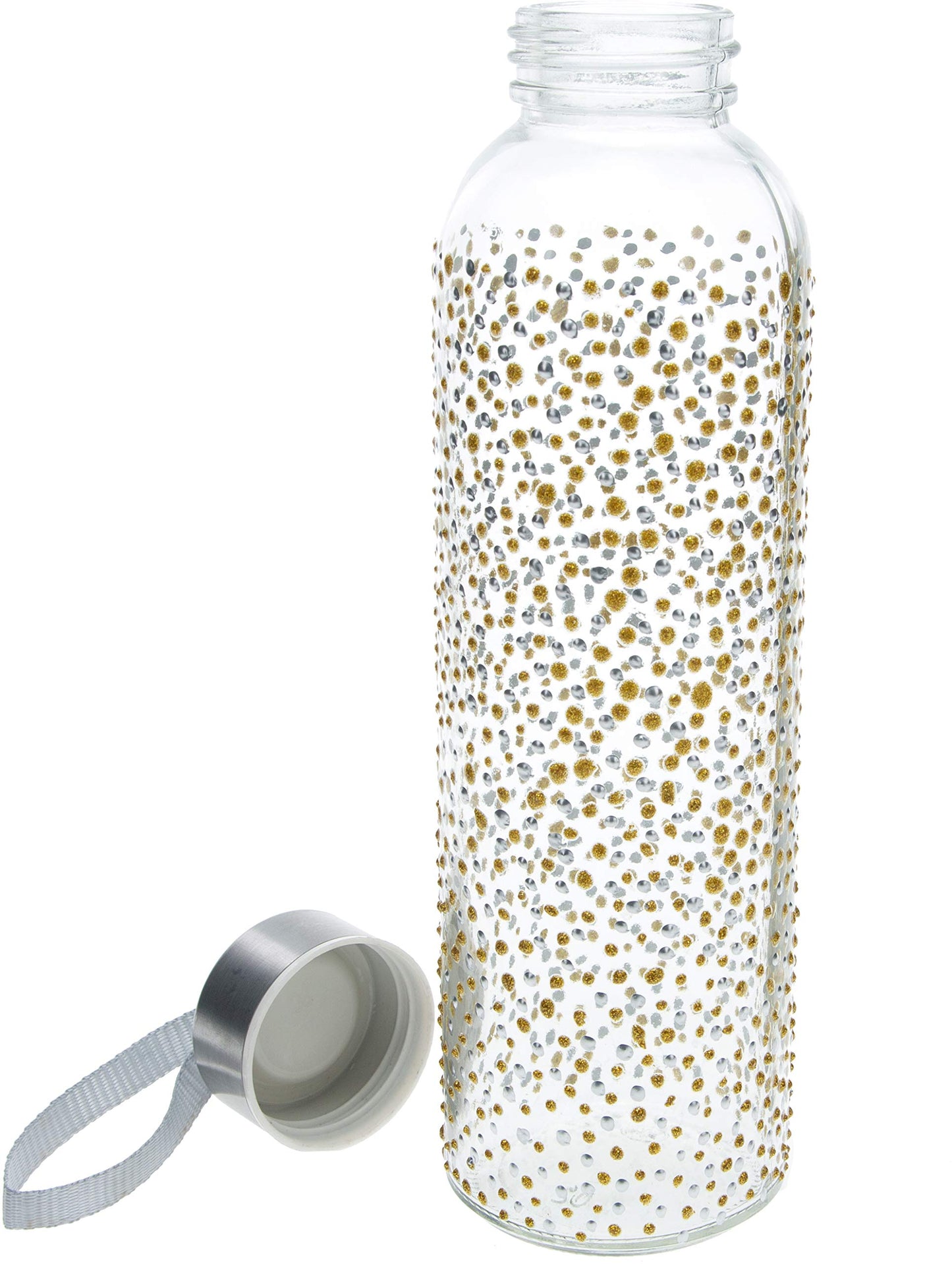 Pavilion Gift Company 16.5 Oz Hand Decorated Glass Water Bottle With Sealed Metal Twist Off Lid Silver & Gold Polka Dot, Gold