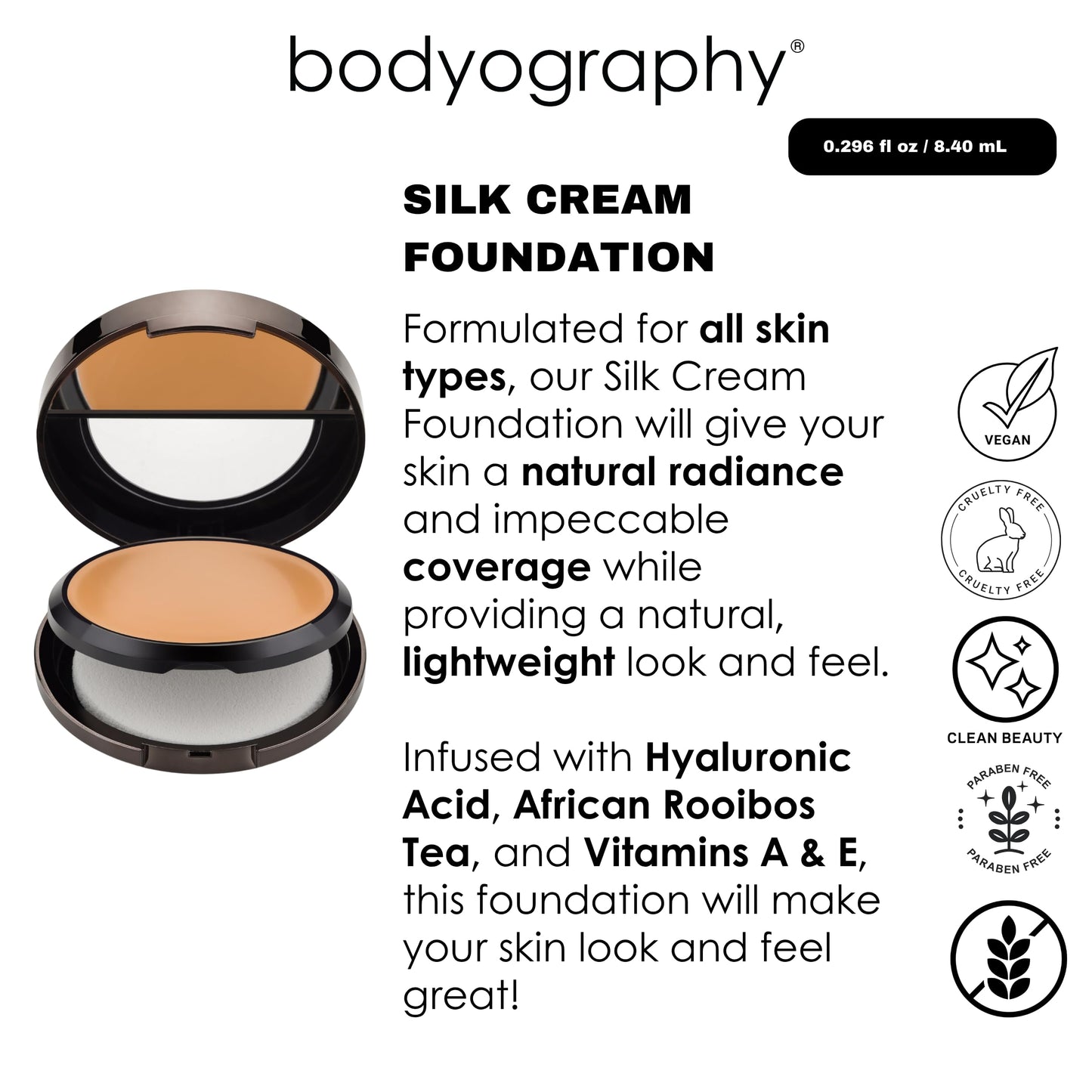 Bodyography Silk Cream Foundation - Deep | Hydrating, Weightless Liquid Cream Foundation with Hyaluronic Acid & African Rooibos Tea | Medium-to-Full