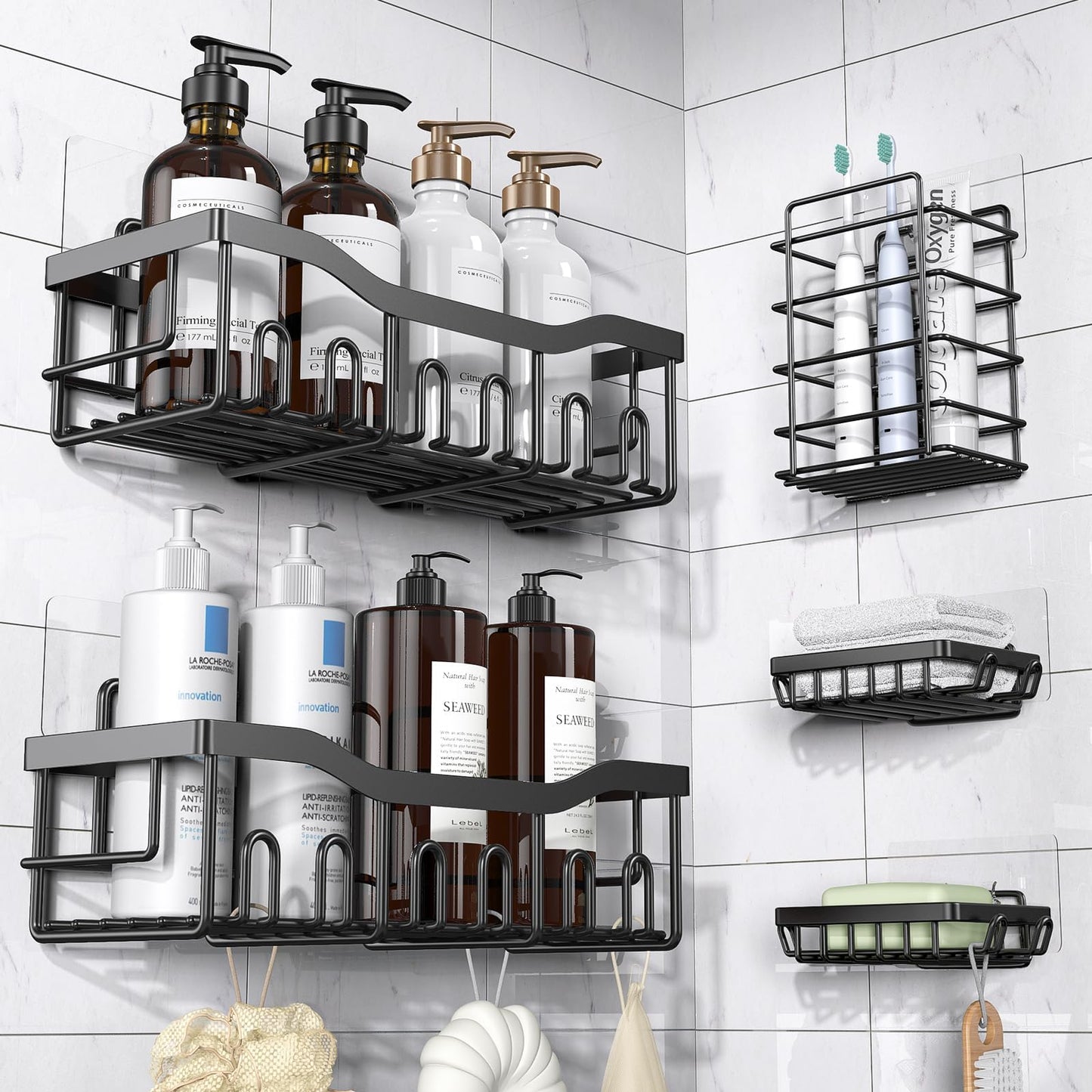 EUDELE Adhesive Shower Caddy 5-Pack, Rustproof Stainless Steel Bathroom Shelves, No-Drill Storage Organizers, Large Capacity