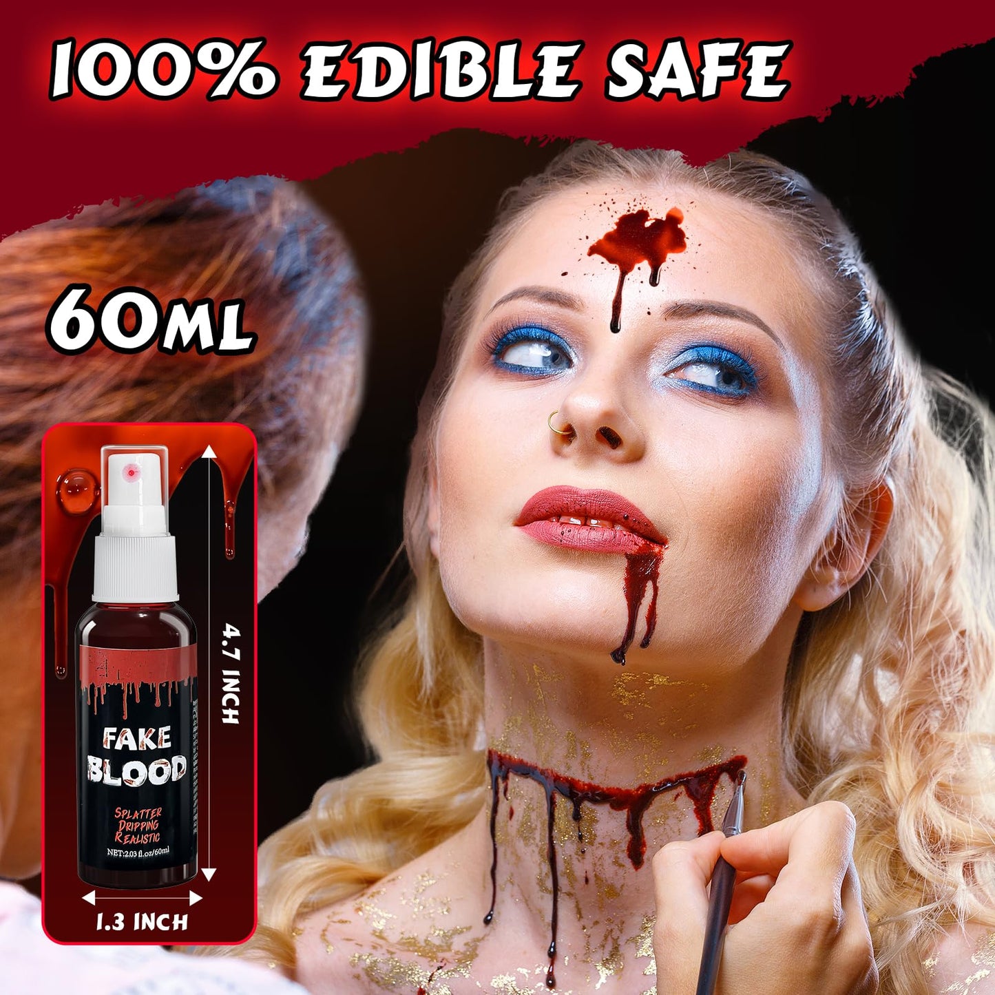 1pc Blood Spray Makeup,Halloween Liquid Fake Blood Washable,Realistic Blood Splatter for Clothes Clown Costume Cosplay Vampire Zombie Monster SFX