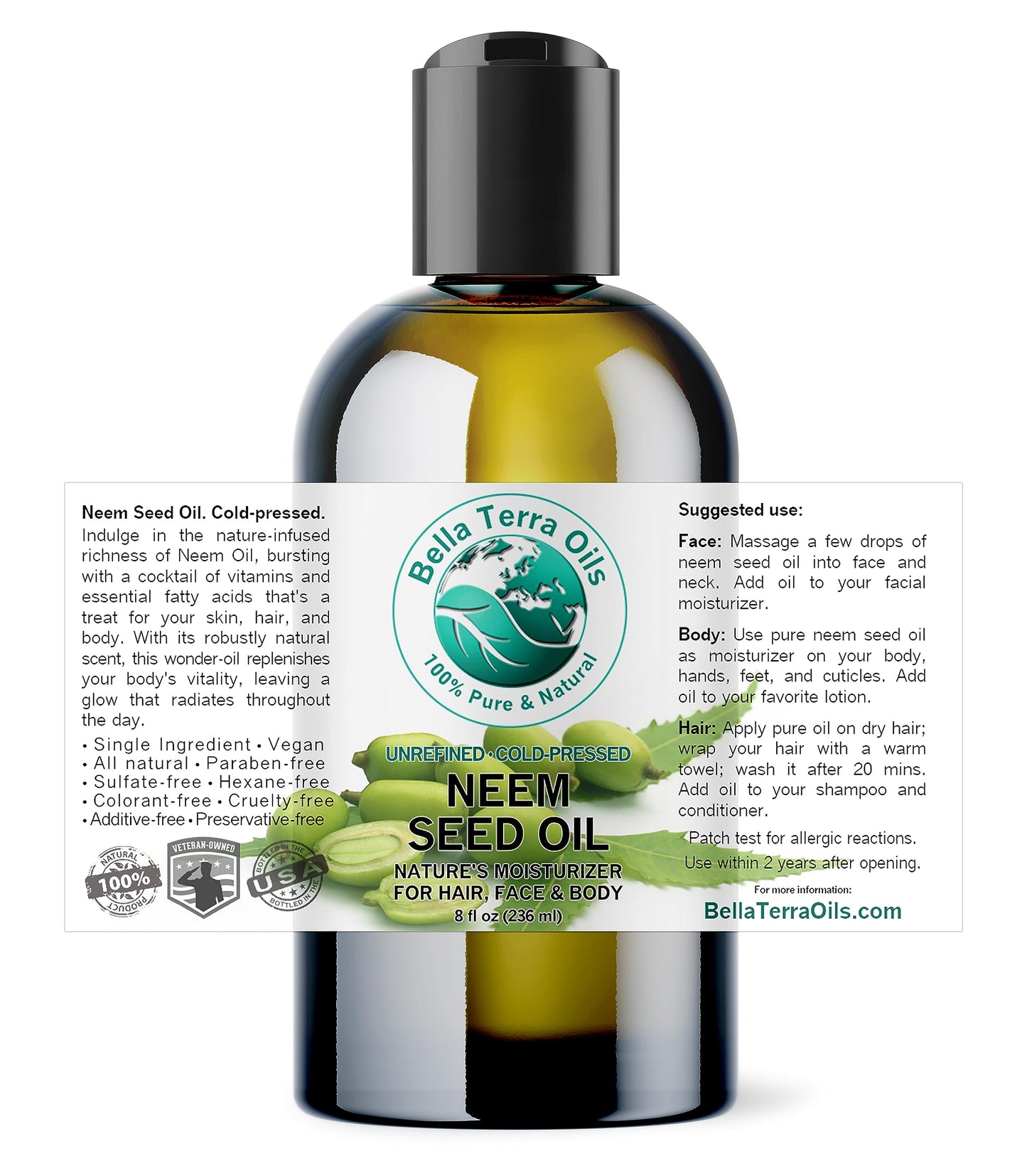 Bella Terra Oils - Organic Neem Seed Oil 8 oz - Harnessing the Power of Organic Neem Seeds, Rich in Stearic Acid, A Luxurious Elixir for Natural Skin