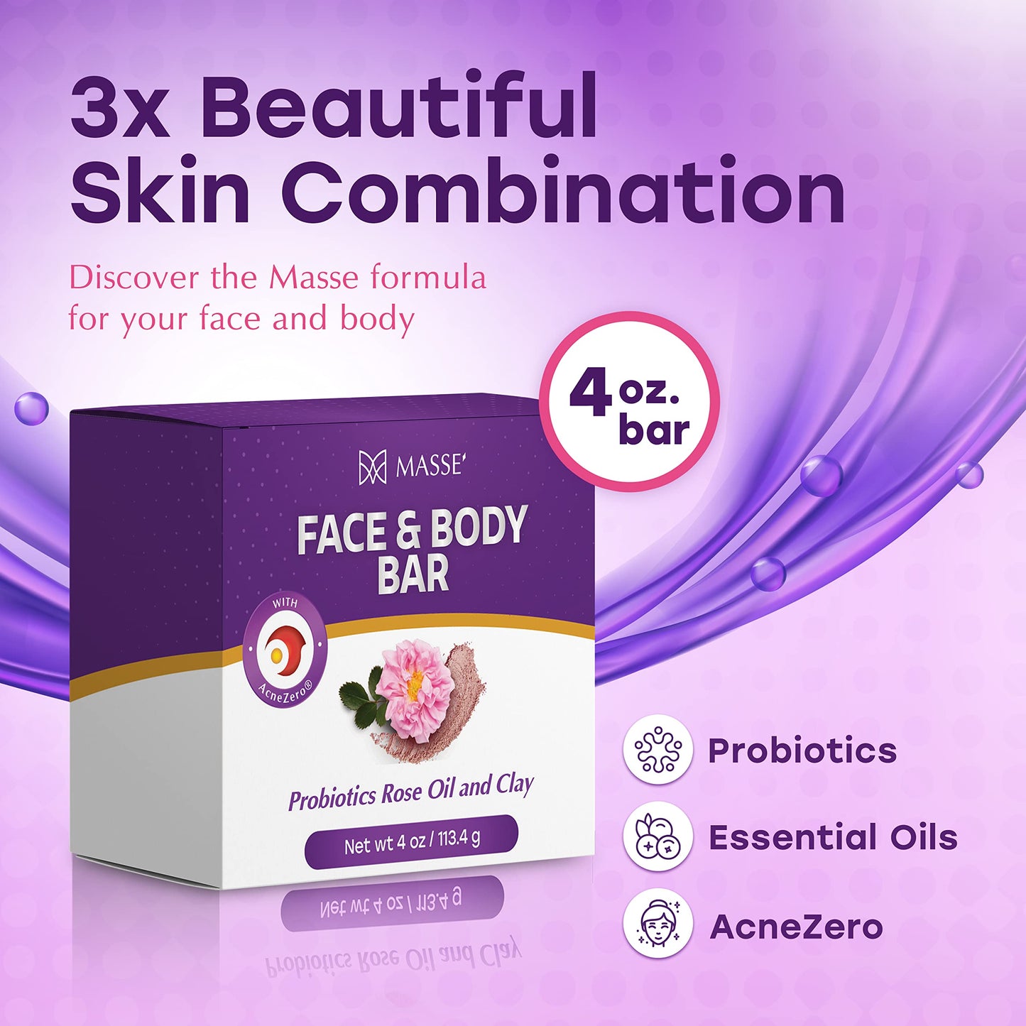 MASSE' Face & Body Bar - Probiotic with Rose Oil & Clay Infused cleansing body bar with Coleus, Vitex Berry Extracts - For Men and Women - Ideal