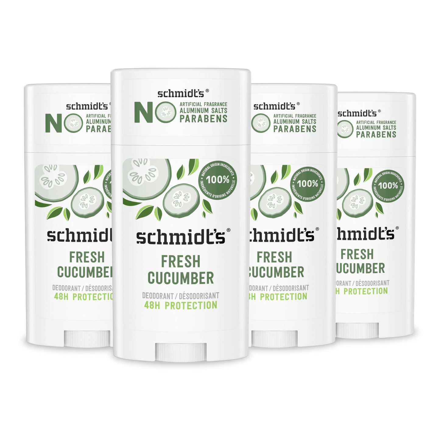 Schmidt's Aluminum-Free Vegan Deodorant Fresh Cucumber 4 Count for Women and Men, with 24 Hour Odor Protection, Natural Ingredients, Cruelty-Free Beauty and Personal Care Schmidt's