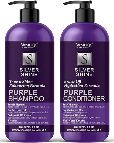 VANIDOX Sulfate Free Brass Toning Purple Shampoo and Conditioner Set for Grey and Silver Hair, Moisturizing & Color-Safe, Enhances Shine & Brightness