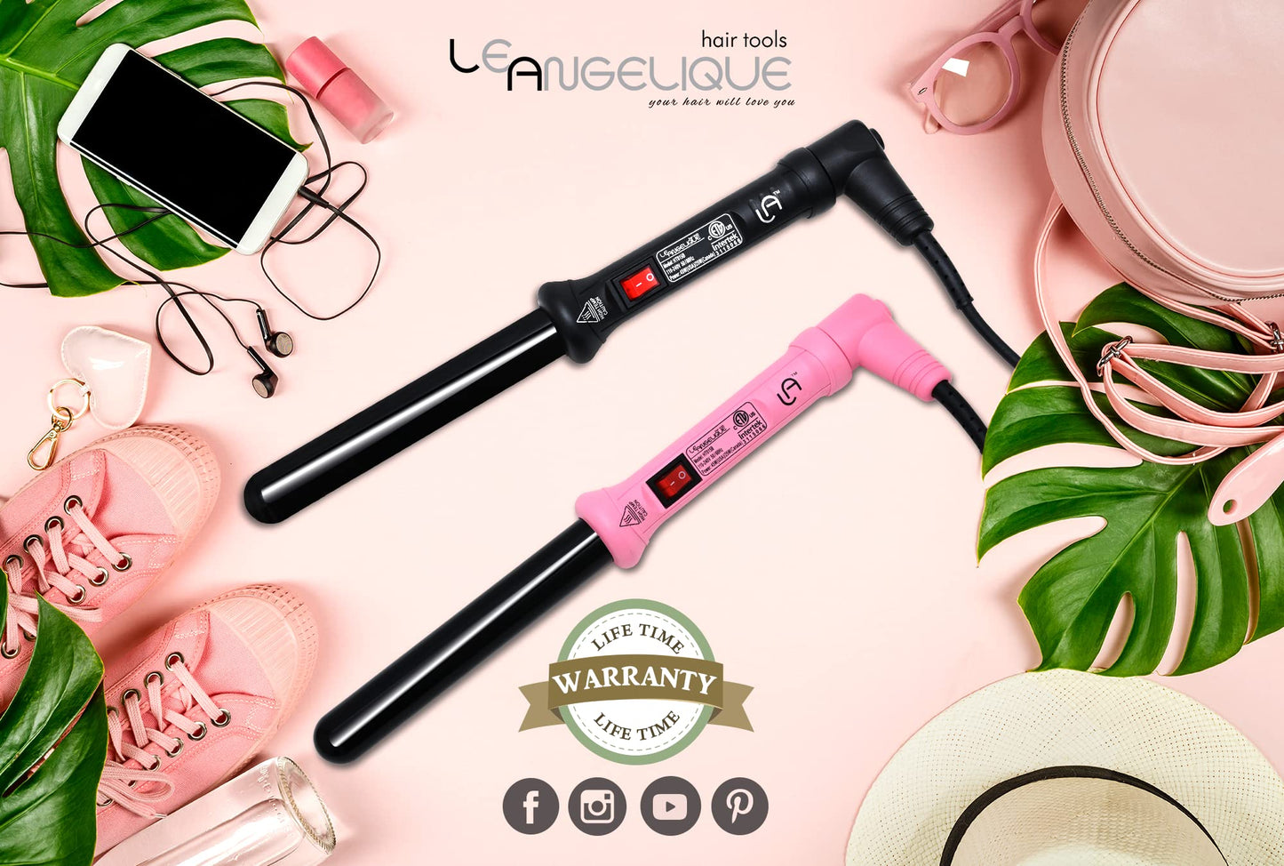 Le Angelique 1 Inch Ceramic Curling Wand for Beach Waves, Short & Long Curls - 25mm Professional Clipless Curler Iron with Glove and 2 Clips | 450F