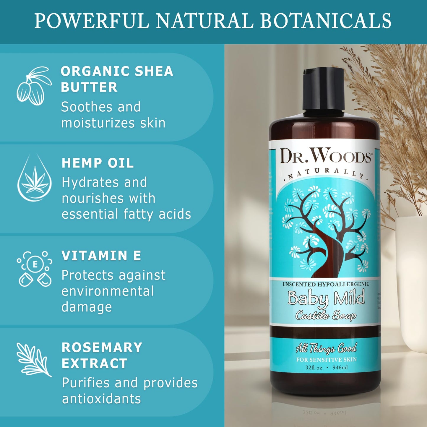 Dr. Woods Unscented Baby Mild Liquid Castile Soap - Natural Soap for Sensitive Skin, Gentle Cleanser with Hemp Oil and Vitamin E - Paraben, Sulfate