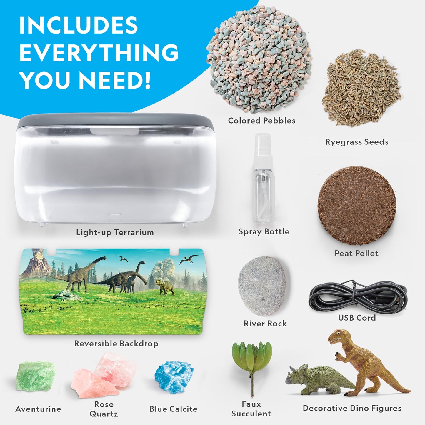 NATIONAL GEOGRAPHIC Light Up Terrarium Kit for Kids – Dinosaur Habitat with Real Plants & Gemstones, Fun Science Gift for Boys & Girls