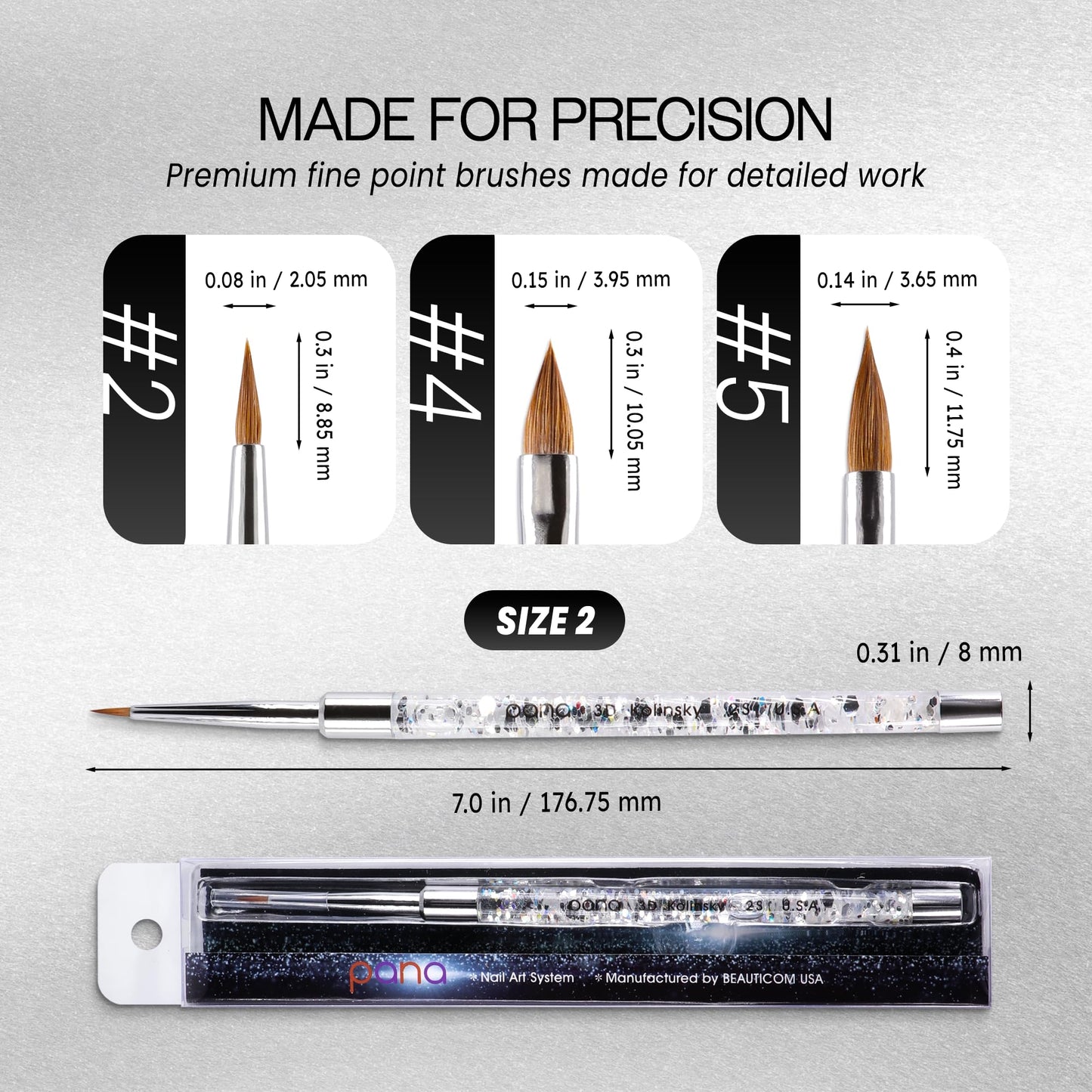 PANA 3D Kolinsky Nail Art Brush - Silver Glitter Handle, Size 2 - Acrylic Nail Art Sculpture Brush for Manicures Pedicure Salon Professional or Beauty & Personal Care PANA