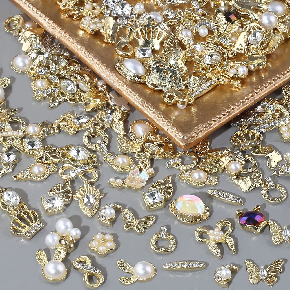 Dornail 50pcs Gold Nail Charms for Acrylic Nails, Mix Styles Shiny Pearl Alloy Nail Rhinestones Flower Butterfly Heart Star Charms for Nails Women