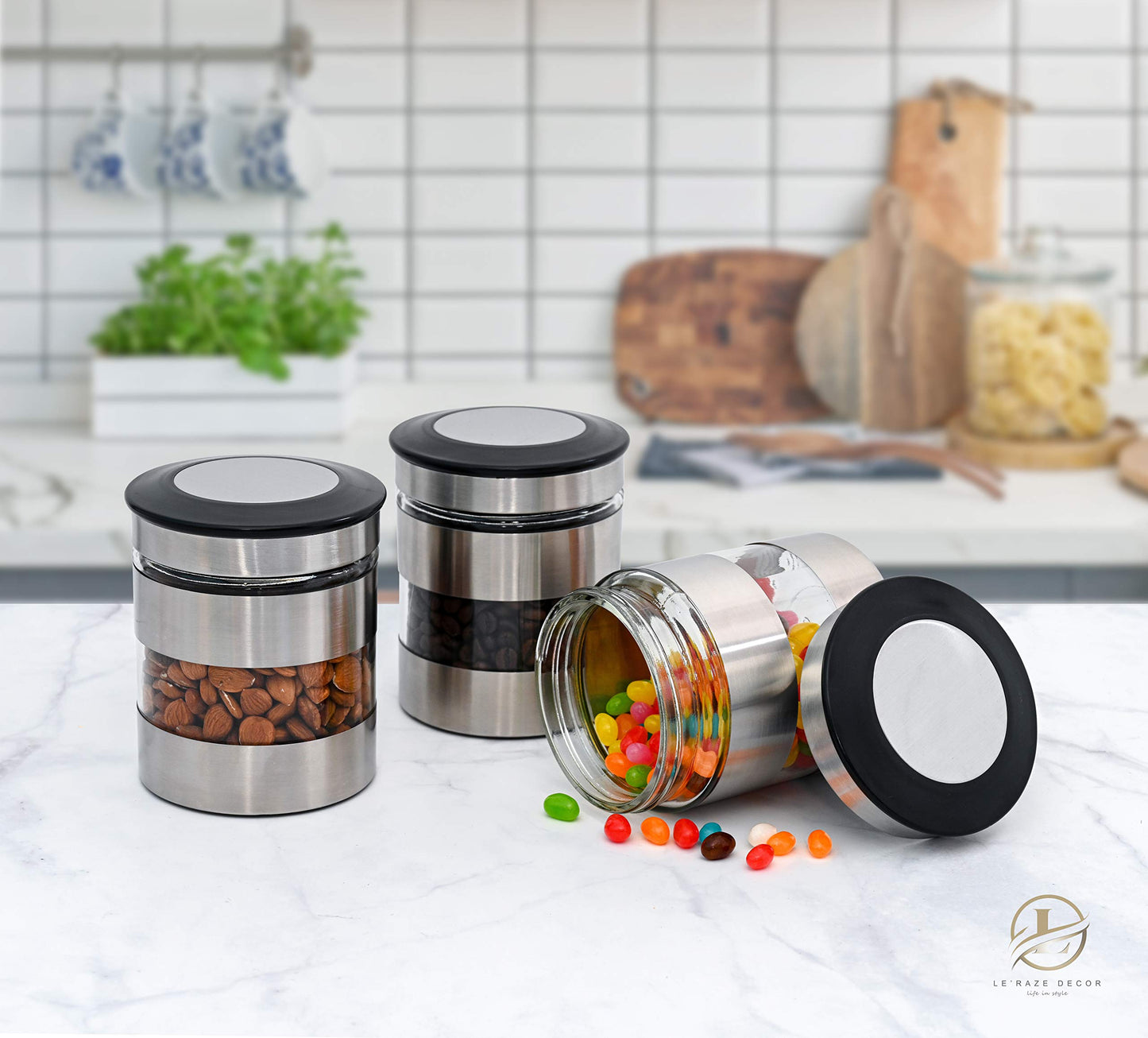 Le'raze Quality Stainless Steel Canister Set of 3 for Kitchen Counter with Glass Window & Airtight Lid - Food Storage Containers with Lids Airtight…