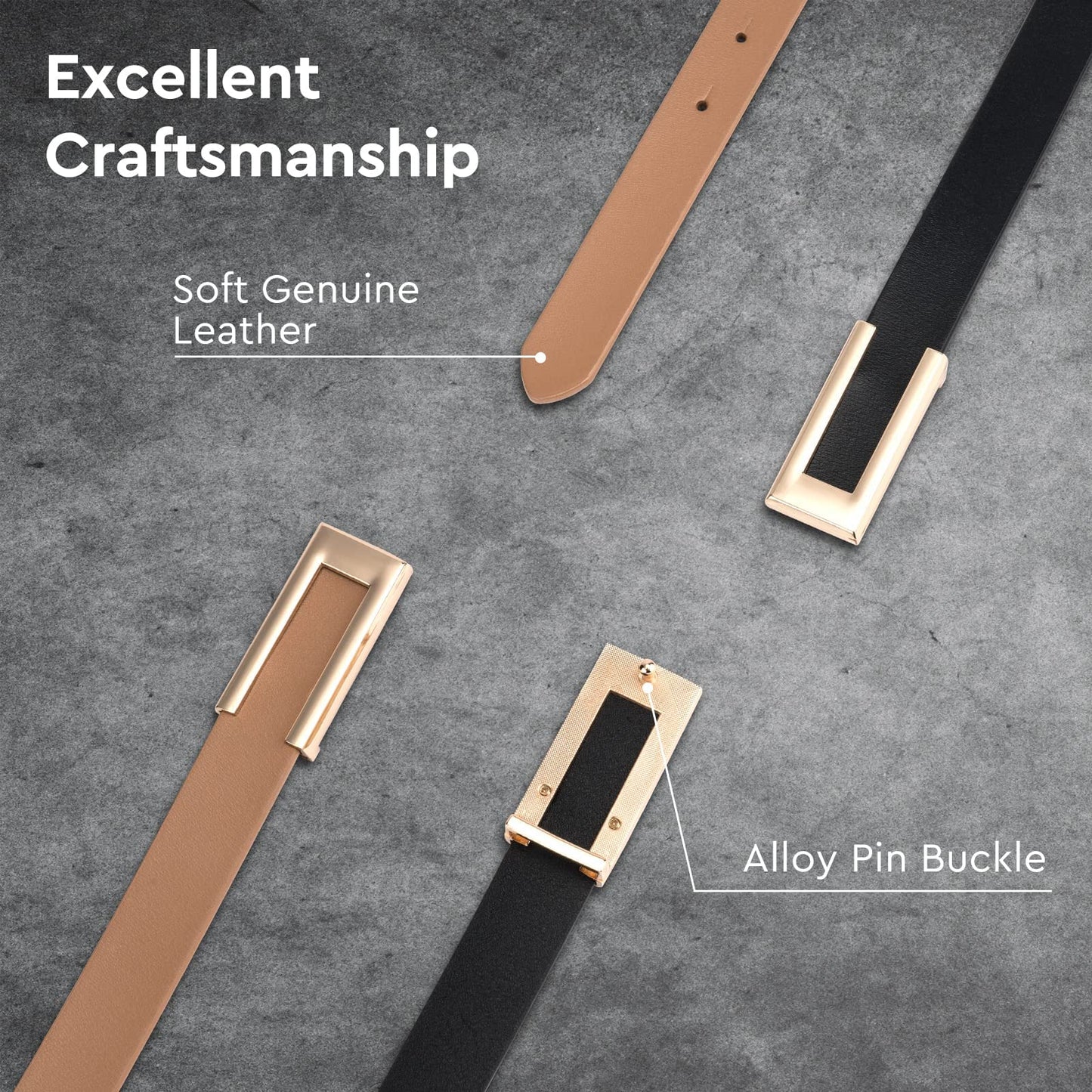 gingokuo Womens Genuine Leather Belt for Jeans Pants Ladies Casual Skinny Waist Dresses Belt BlackKhaki 30