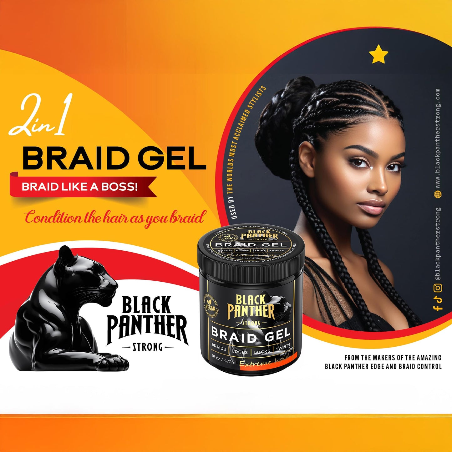 Black Panther Braid Gel | Extreme Hold, | Enriched With Multivitamins I No Flaking or Drying | Long Lasting for Braids, Locs, Twists, Cornrows