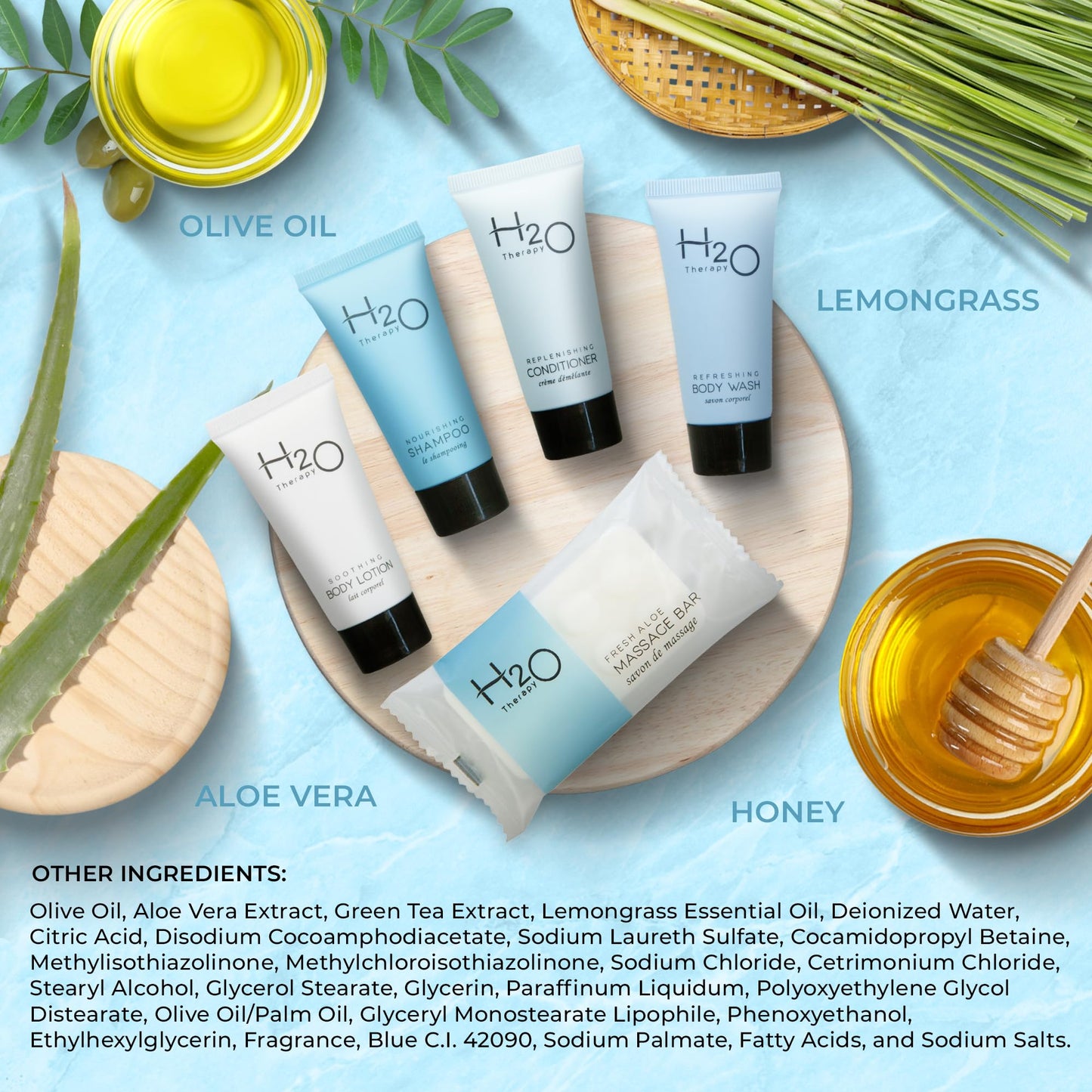 H2O Therapy Hotel Soaps & Toiletries Bulk Set | 1-Shoppe Amenities Kit | 0.85oz Shampoo & Conditioner, Body Wash, Lotion, 1oz Bar Soap | Travel Size |