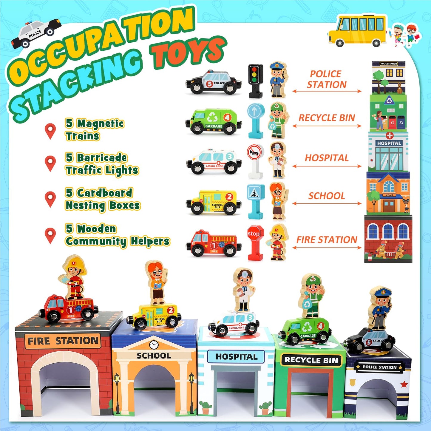 Baby Stacking Toys – Magnetic Wooden Cars & Garage Sorting Set, Montessori Educational Toys for Toddlers & Preschool Kids Birthday Gift