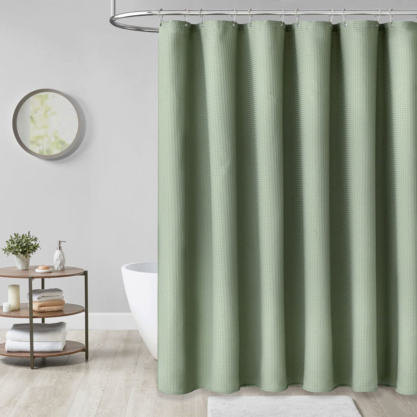 Dynamene Sage Green Waffle Shower Curtain – 72x72in Thick 256GSM Fabric, Luxury Weighted Bath Curtain with 12 Hooks
