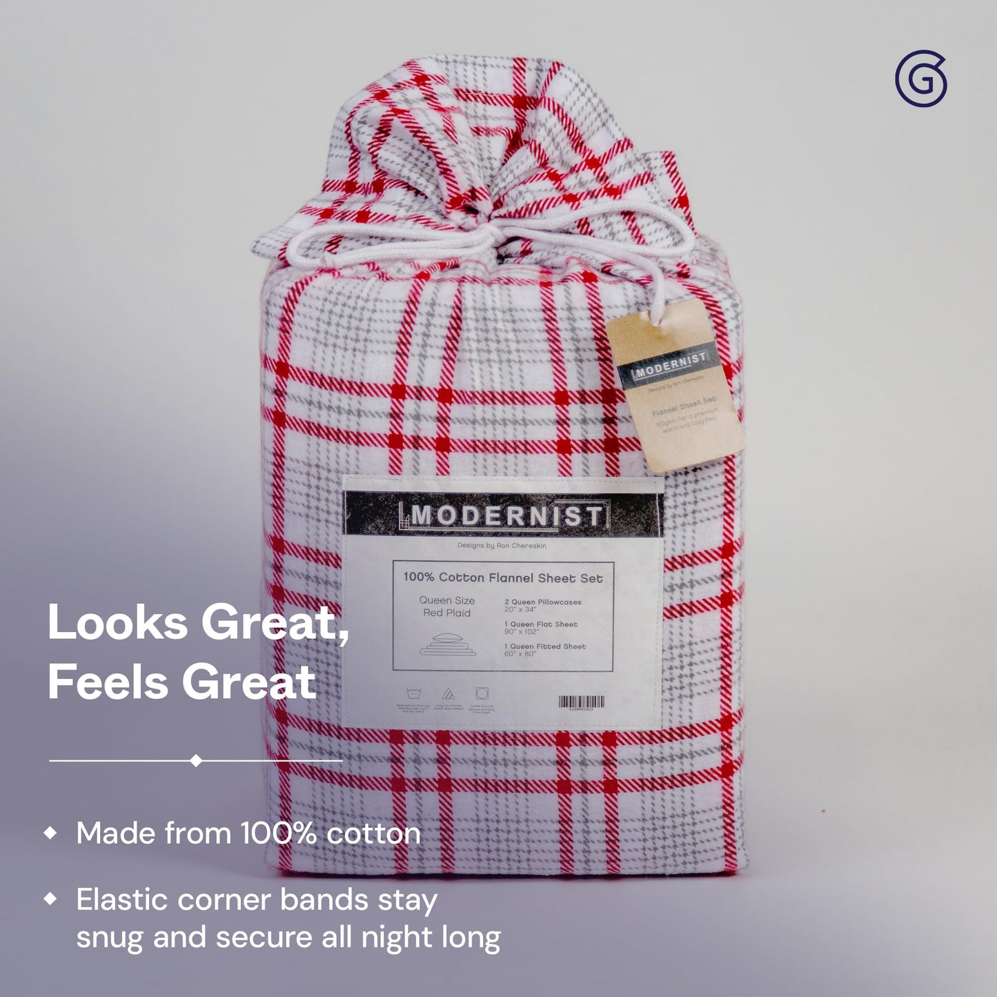 Gravity Modernist Flannel Bed Sheet Set, King (Red Plaid) - 100% Cotton Plaid Bedsheets - Includes Deep Pocket Fitted Sheet, Top Sheet & Pillowcases -