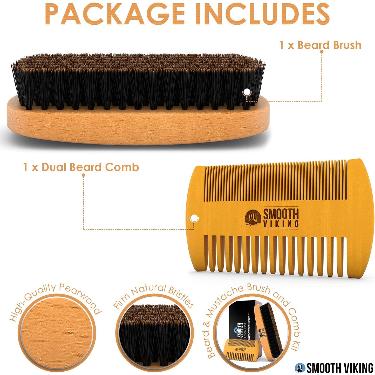 Beard Brush and Comb - Natural Boar Bristle Beard Brush & Beard Comb for Men - Facial Hair Care Gift Set for Men - Mustache Styling, Grooming