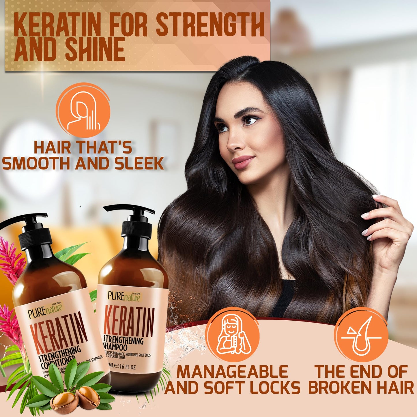 Keratin Shampoo and Conditioner Set - Sulfate and Paraben Free Treatment for Dry Hair - Anti Frizz, Collagen Enriched Formula for Curly or Damaged