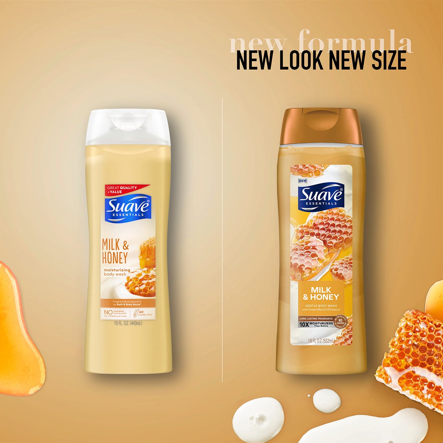 Suave Essentials Gentle Body Wash, With a Sweet Oil Blend Essence, Milk & Honey Infused with Vitamin E & Honey Extract 18 oz