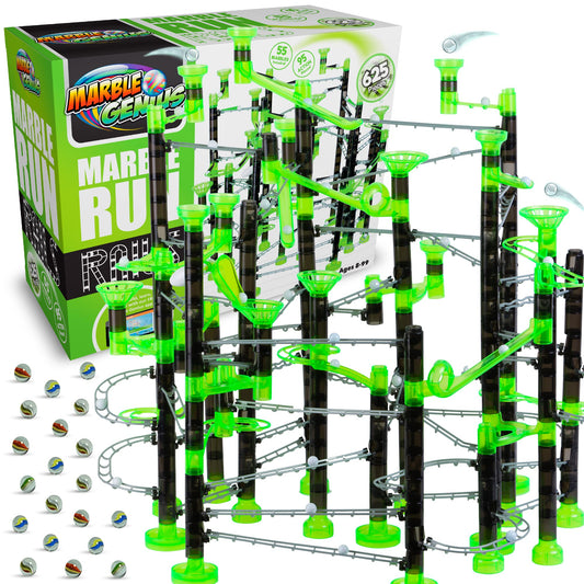 Marble Genius Marble Rails Extreme 625pcs Set – STEM Marble Run with 55 Marbles, Rails & Bases, Full-Color Instructions for Kids 8+