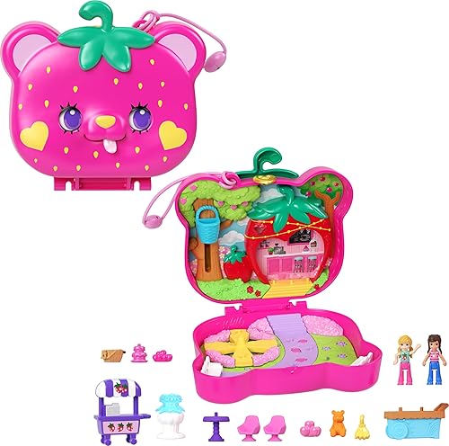 Polly Pocket Playset with 2 Micro Dolls & 12 Accessories, Straw-Beary Patch Compact Travel Toy with Fidget Exterior
