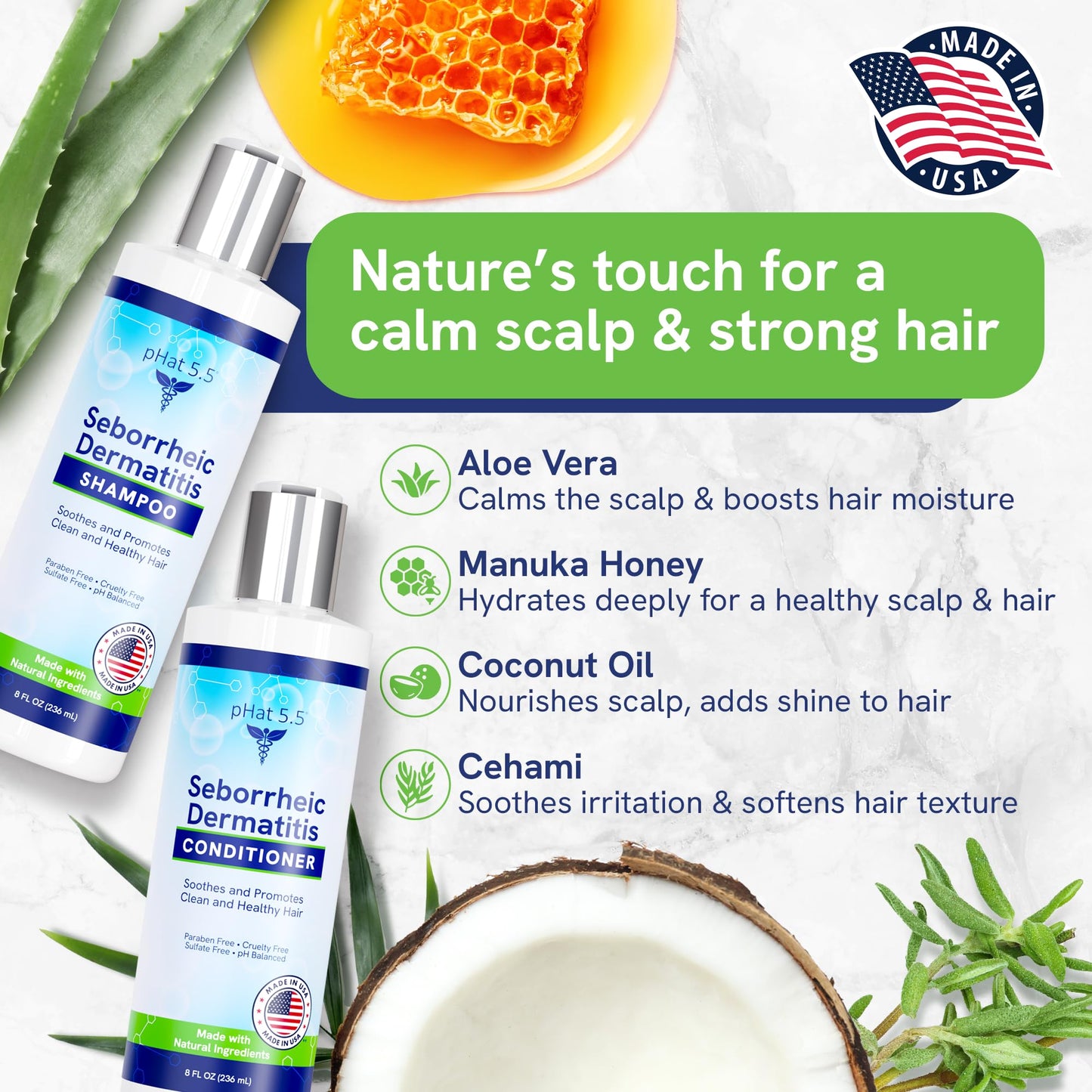 Sulfate Free Shampoo and Conditioner Set for Seborrheic Dermatitis Relief - Severe Dry & Itchy Scalp Treatment with Manuka Honey, Aloe Vera & Coconut