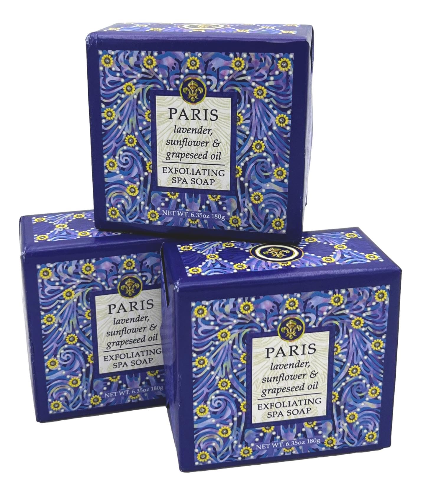 Greenwich Bay Trading Co., Paris Exfoliating Spa Soap, Set of 3 Square Bars, 6.35 Ounces Each